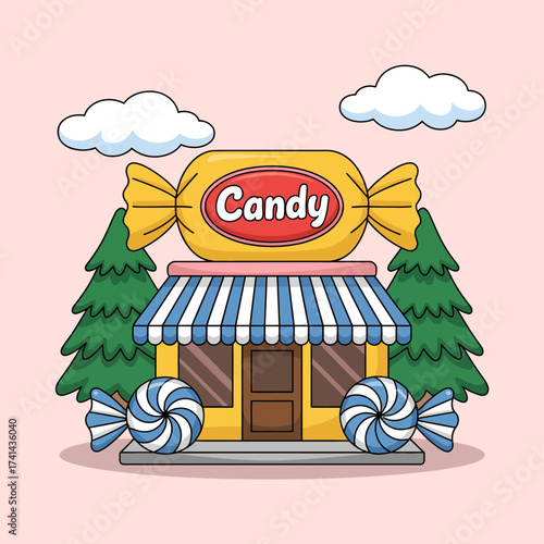 This vibrant illustration showcases a cheerful candy store with oversized candy decorations and surrounded by trees, inviting viewers into a sweet, joyful world.