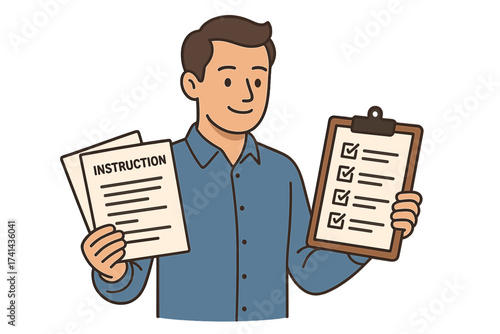 Man holds instruction manual and clipboard with completed checklist. Concept for following guidelines, task management, finished project, successful work. Paperwork. Vector cartoon.