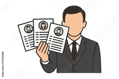 Human resources manager holding resumes. HR, hiring, and recruitment concept. Selecting staff and searching for professional candidates. Analyzing personnel resumes for a job vacancy.