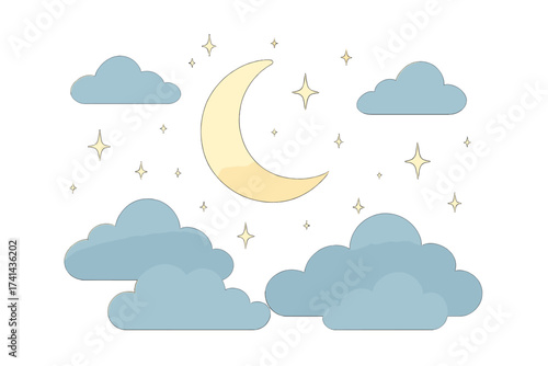 Night sky vector background with crescent moon, stars and clouds. Cute flat cartoon illustration for kids. Goodnight, sleep, sweet dreams concept. Weather graphic element set.