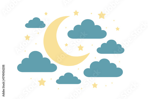 Cute cartoon night sky with crescent moon, clouds, and stars. Vector weather icon set for kids. Baby nursery decoration elements. Goodnight sweet dreams bedtime concept art.