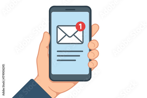 Human hand holding smartphone with new email notification. Mobile phone screen with unread e-mail message icon. Online mailing, inbox, business communication concept vector.