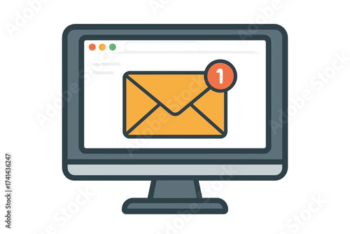 New email message notification on a computer monitor screen. E-mail envelope icon with an alert in a web browser. Vector for a newsletter, inbox, and digital marketing.