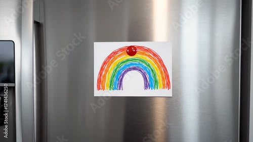 Drawing of rainbow on fridge door with magnet in kitchen setting - symbol of positivity and childhood imagination - family mood and home love