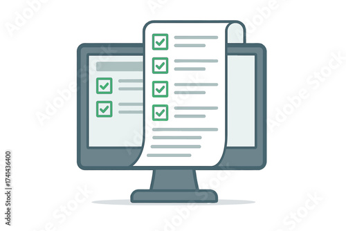 Online form survey on computer monitor. Digital checklist, questionnaire, or exam. Concept of internet test, data collection, feedback, and customer satisfaction results.