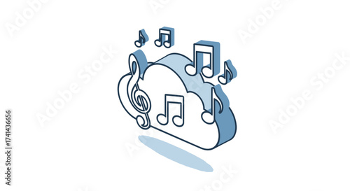 Cloud Music: Isometric Cloud with Musical Notes and Treble Clef Illustration.
