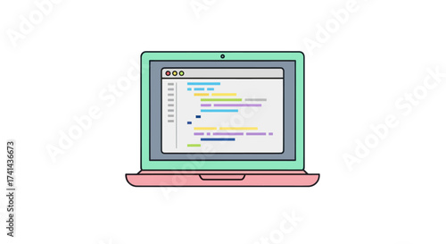 Colorful cartoon laptop displaying programming code on its screen illustrating software development.