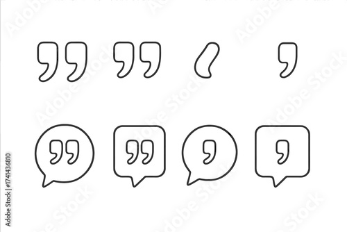 Quotes icon vector collection. Outline quotation marks, speech marks, inverted commas, and comma symbols in minimalist line art style, isolated on white background. Vector punctuation design set.