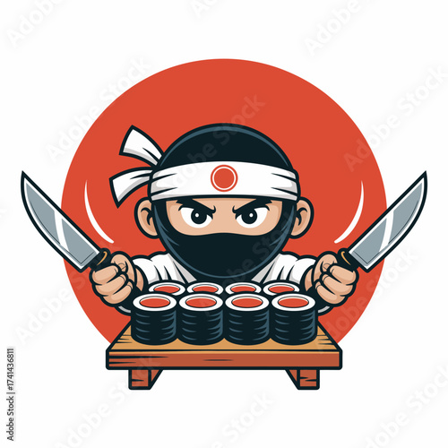 A fierce ninja chef brandishing two knives stands proudly behind a freshly prepared sushi display, exuding medieval expertise and modern culinary delight.
