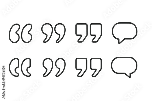 Quotes icon vector collection with speech marks, inverted commas, quotation marks, outline style, thin line art illustration isolated on white background, communication symbols set