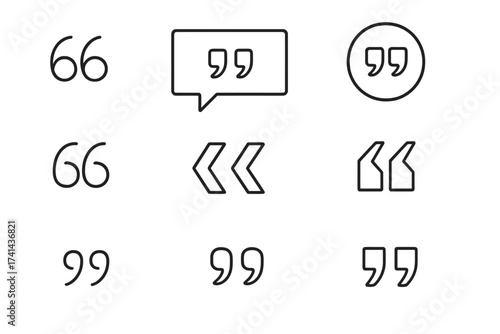 Quotes icon vector collection, speech marks outline, inverted commas, talking marks, quotation symbols set, simple black line art isolated on white background, versatile quote design elements