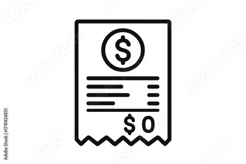 Receipt invoice icon with total cost zero, paying bills concept, financial document vector, billing statement illustration, payment proof, money transaction symbol, transparent background