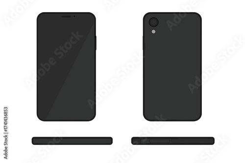 Realistic black smartphone set showing front, back, and side views. Modern flat vector illustration of mobile phone with camera, buttons, and touchscreen display on transparent background.