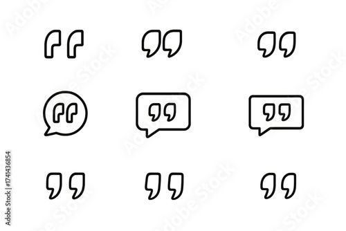 Quotes icon vector set, quotation marks outline, speech marks, inverted commas collection, vector line art illustration, isolated on white background, communication and text symbol design