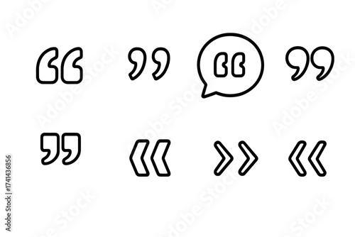 Quotes icon vector set, quotation marks outline, speech marks, inverted commas, talking marks collection, vector line art illustration isolated on white background, punctuation symbols design