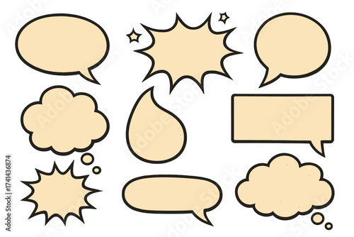 Retro empty comic speech bubbles vector illustration in vintage pop art style, classic bubble messages, cartoon callouts, blank dialog clouds, and thought balloons set with transparent background
