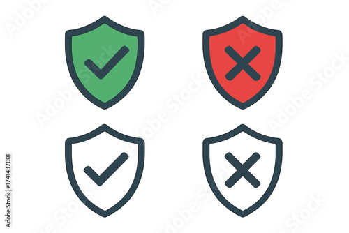 Set of shield icons with check mark and cross symbol, green and red security and protection concepts, data protection, internet safety, reliability, flat design vector illustration