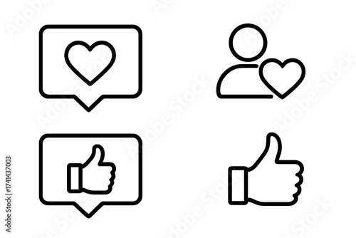 Social network icons likes and hearts. Vector illustration with thumbs up and heart symbols for web app, internet, digital marketing, social media promotion, SMM, CEO business.