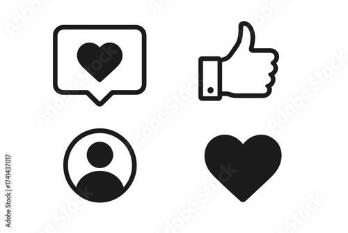 Social media icons vector set with like, heart, user profile and thumbs up symbols for web, internet, app, advertisement, promotion, marketing, SMM, CEO, business concepts