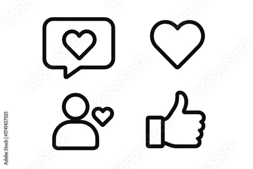 Social network icons with likes and reactions. Vector illustration of app, web, internet marketing symbols including heart, user like, thumb up. SMM, promotion, CEO business visuals.