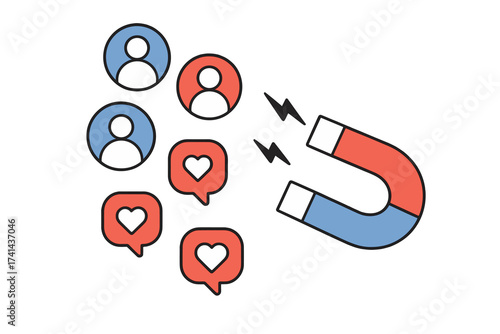 Social media marketing concept with magnet attracting followers and likes, influence marketing strategy, viral advertising campaign, audience engagement and retention for mobile platforms