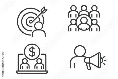 Target market concept icon set including audience focus group, crowdsourcing, crowdfunding, public relations, digital marketing, finance, and communication line vector illustration