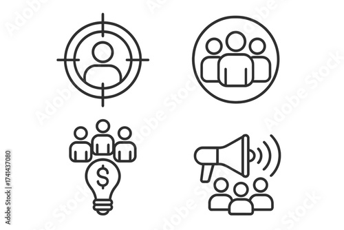 Target market concept icons set, audience illustration, focus group, crowdsourcing, crowdfunding, public relations, marketing, business strategy, line vector symbols