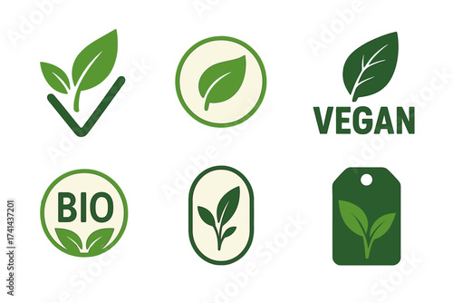 Vegan logos collection set with organic bio signs and raw food badges, healthy vegan food icons, eco-friendly product packaging tags, cafe and restaurant vector stickers