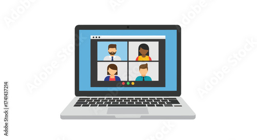 Laptop with Video Conference Call Displaying Four Participants.