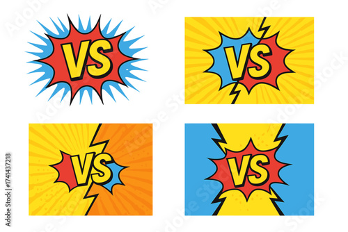 Versus VS letters fight backgrounds in flat comic style design with vibrant explosion shapes, pop art battle vector illustration set with transparent backgrounds for dynamic conflict scenes