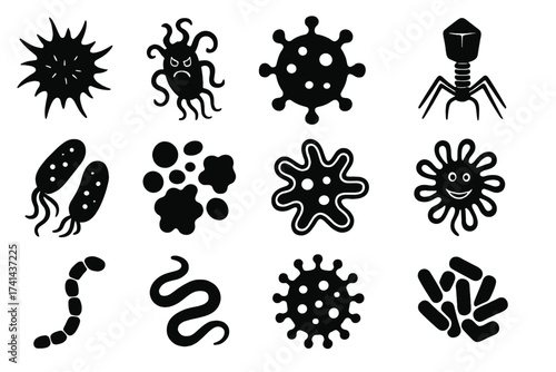 Black Style Virus and Bacteria Icons Set, Big Collection of Microbial Vector Symbols, Germs, Microorganisms, Pathogens, Infectious Agents, Bacteria and Virus Shapes, Transparent Background