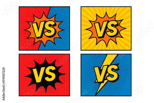 Versus VS fight comic backgrounds, dynamic battle pop art style, comic book effects, colorful explosion shapes and lightning, flat vector illustration set, transparent background