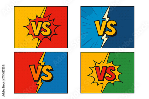 Versus VS fight comic letters backgrounds in flat design style, dynamic battle concept, colorful vector illustration, clash and competition theme, pop art visual explosion