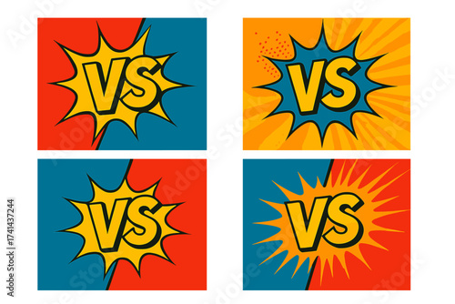 Versus VS letters fight backgrounds in flat comic style design, colorful pop art explosion effects, battle clash vector illustration set with transparent background, dynamic fight symbol