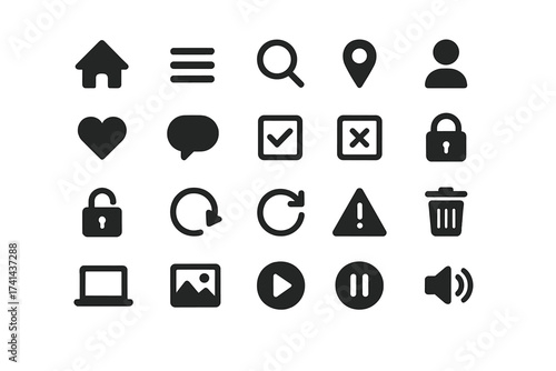 Set of universal web icons for mobile and web UI design, basic user interface elements vector illustration with transparent background, simple black minimalistic symbols