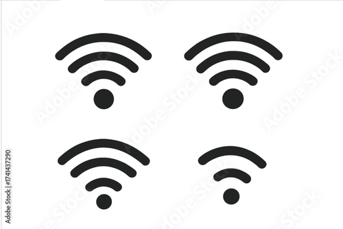 Wireless WiFi signal icons set isolated on white background. Vector illustration of wireless internet connection strength symbols with transparent background, arranged in ordered set.