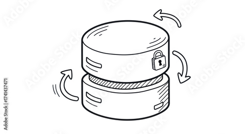 Hand-drawn Secure Rotating Database Server Icon Sketch.