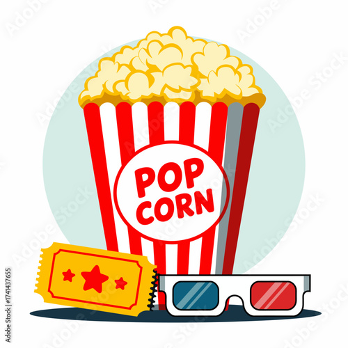 A visually appealing popcorn bucket with a classic design captures the excitement of movie nights and snack culture, making it an essential illustration for any cinema-themed project.