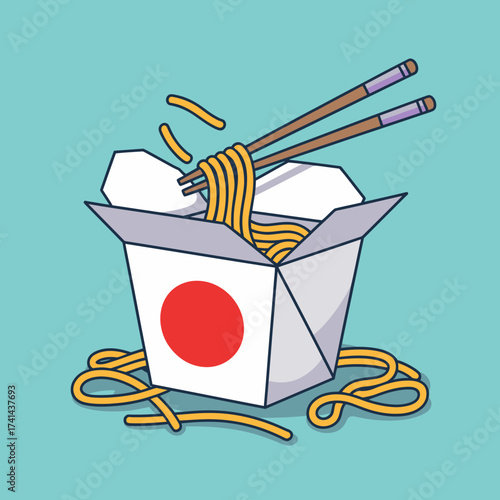 An artistic depiction of a takeout box filled with delicious noodles, representing Japanese cuisine, crafted in a modern style that embodies cultural flavors and meal convenience.