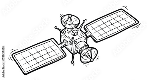 Hand-drawn illustration of a functional satellite with solar panels and antennas.