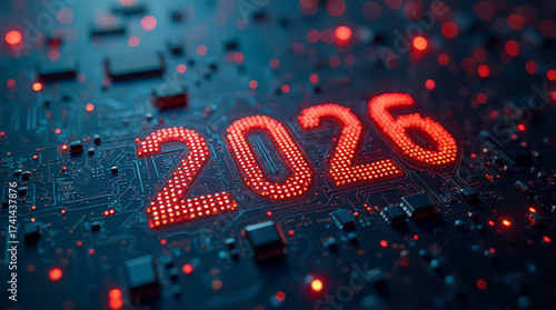2026 tech age celebration. Happy new year. Era of technology. Digital innovation. Circuit board. Happy 2026 futuristic texture. Circuit board background. Modern hardware. Technology concept image