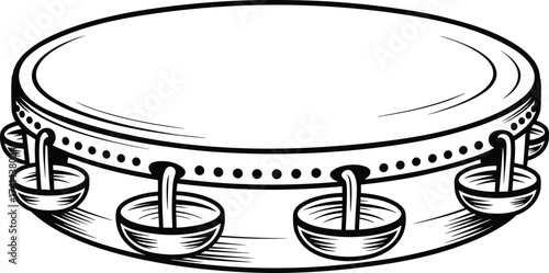 Detailed black and white tambourine illustration, traditional musical instrument art, rhythm percussion design, festival music concept, cultural sound drawing