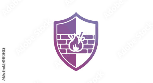 Firewall Shield Icon with Brick Wall and Flame Security Symbol.