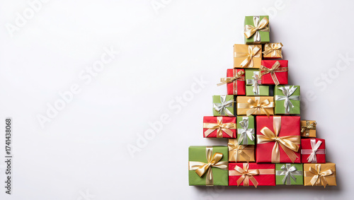 A Christmas tree created from stacked gift boxes of different sizes wrapped in festive paper, positioned neatly to the right side of a clean white background