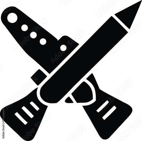 Iconic silhouette of a stylus pen and craft knife crossed symbolizing creativity design art and digital tools