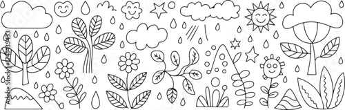 Doodle weather elements and nature illustrations for coloring and creativity