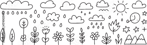 Doodle Nature Elements Black and White Line Art Illustration Set