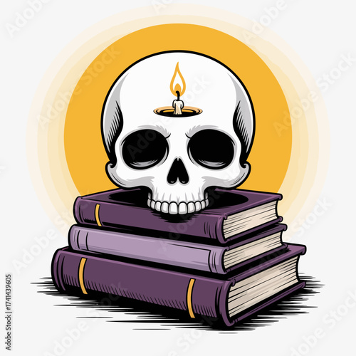 This intriguing image depicts a skull placed atop a stack of books with a candle, illustrating themes of knowledge, mystery, and the passage of time in a bold artistic style.