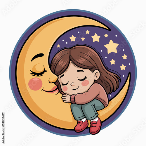 A sweet girl is peacefully snuggling with a lovable moon character, surrounded by sparkling stars in a calming nighttime scene that radiates warmth and tenderness.