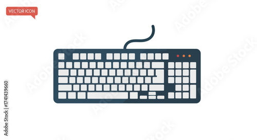 Modern Black Computer Keyboard with White Keys and Cable.